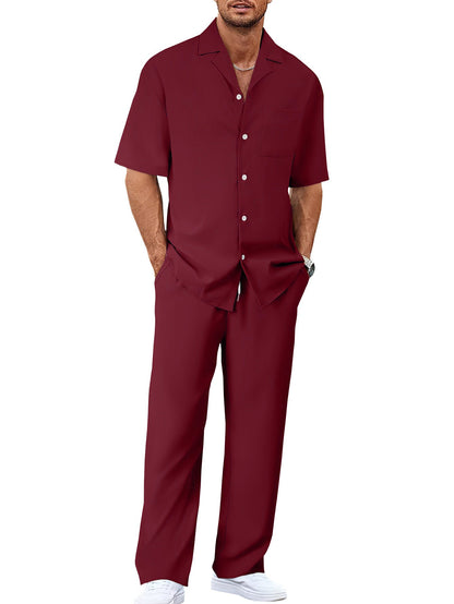 Men's Trousers Suit Fashion Lapel Button Short Sleeve Shirt And Pocket Straight Pants Clothing