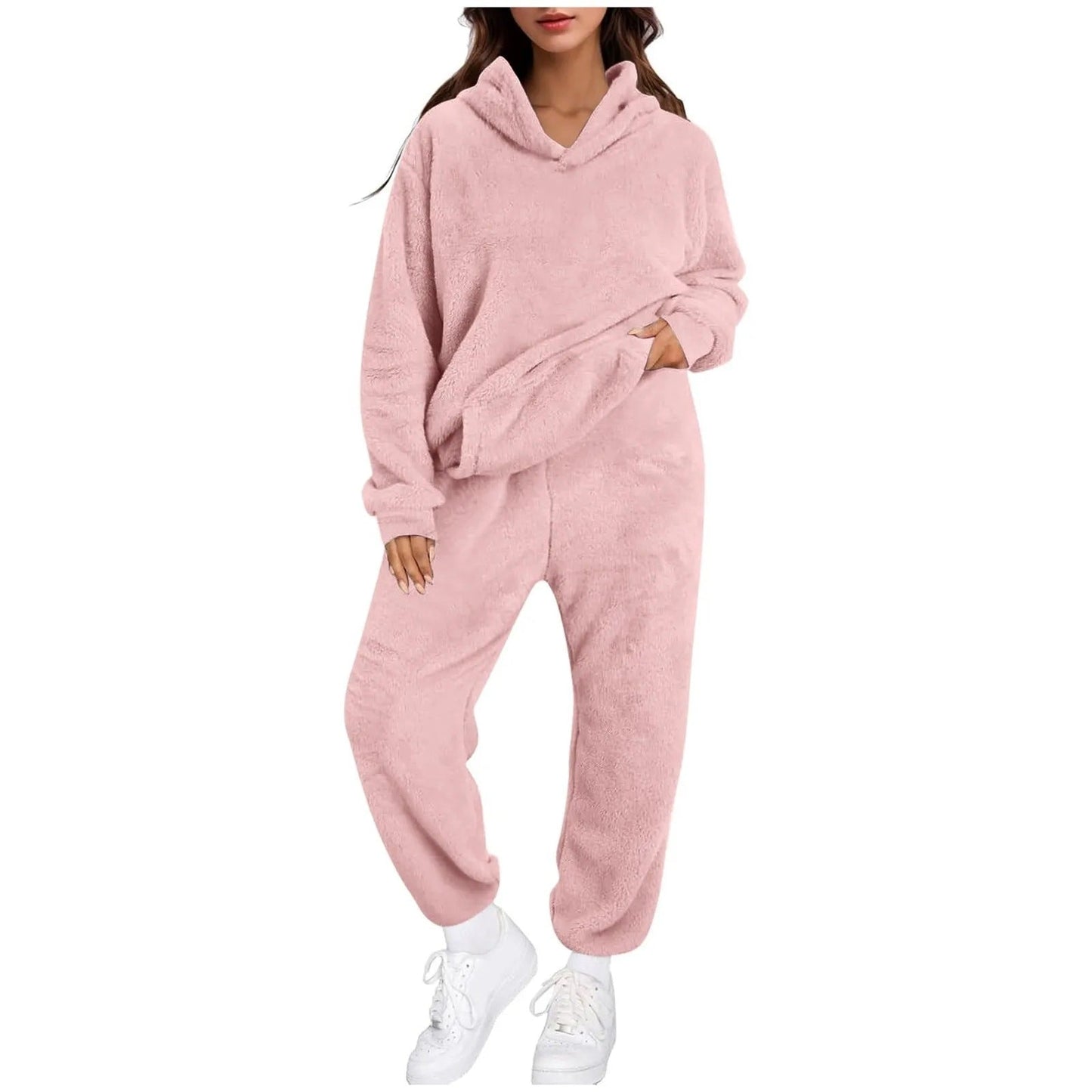 Women's Casual Solid-Color Fleece Hooded Long-Sleeve Top And Pants Set