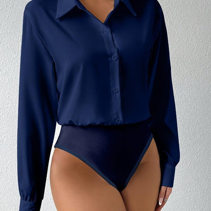 New Button Front Long Sleeve Jumpsuit Elegant Solid Color