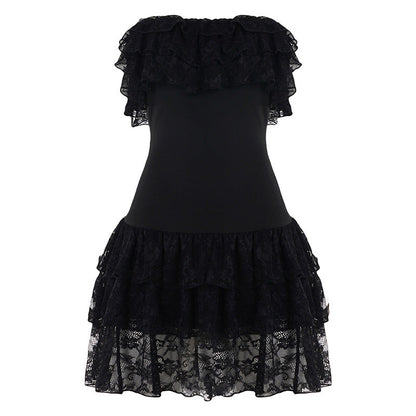 Ruffle-neck Off-shoulder Elegant Socialite Party High-waisted A-line Skirt