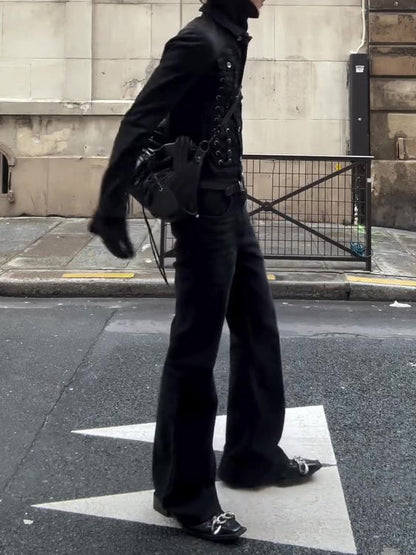 Black Lace-Up Deconstructed Denim Jacket