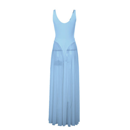 Women's Solid-Color Elegant Resort Bodycon Mesh A-Line Dress