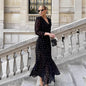 Elegant Mid-Length V-Neck Polka-Dot Waist-Cinched Dress
