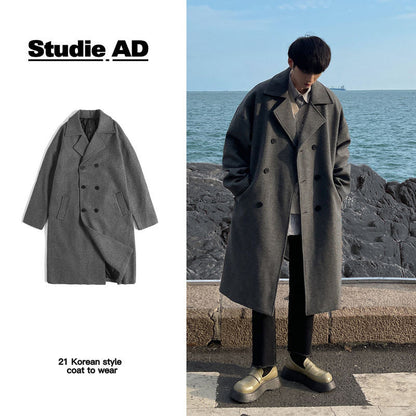 Winter Woolen Men's Mid-length Over-the-knee Suit Collar Double Breasted Woolen Trench Coat Thickened