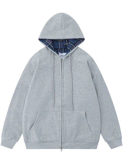 Street Plaid Cardigan Hoodie Loose-fitting Hooded Coat