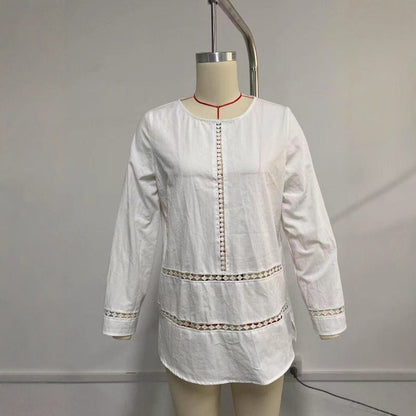 Versatile Women's Round-neck Semi-sheer Hollow-out Long-sleeve Shirt