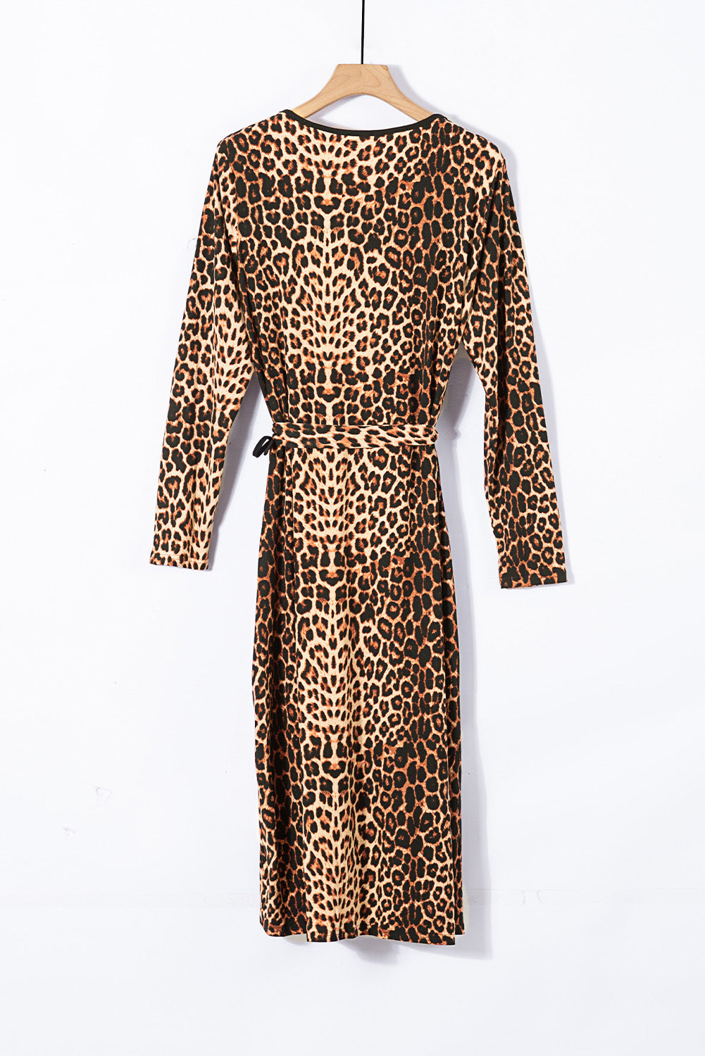 Brown Leopard Wrap V Neck Plus size Dress with A Slit