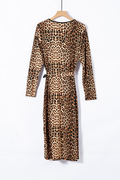 Brown Leopard Wrap V Neck Plus size Dress with A Slit