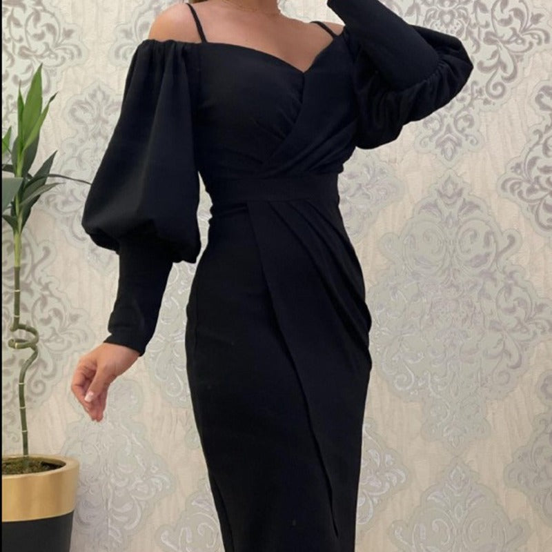Women's Strapless Halter Neck Lantern-sleeve Waist Cinching Pleated Dress