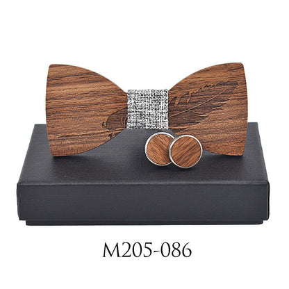 Business Leisure Feather Carving Wooden Tie Cuff Buckle Set