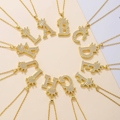 1PCS Fashionable Gold Diamond Crown Uppercase Letter Popular Pendant Necklace Suitable For Daily Use Festivals Parties Gifts Jewelry Set