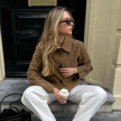 Women's Fashion Retro Long-sleeved Lapel Suede Fabric Jacket Coat