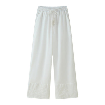 Women's Cotton And Linen Tassel Lace-up Embroidered Shirt Embroidered Trousers
