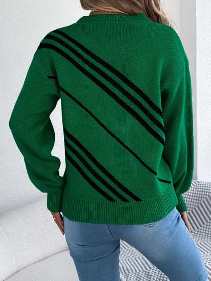 Women Casual Striped Round Neck Lantern Sleeve Long Sleeve Pullover Sweater