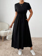 Women's Solid-Colored Short-Sleeve Drawstring Dress With Side Pockets