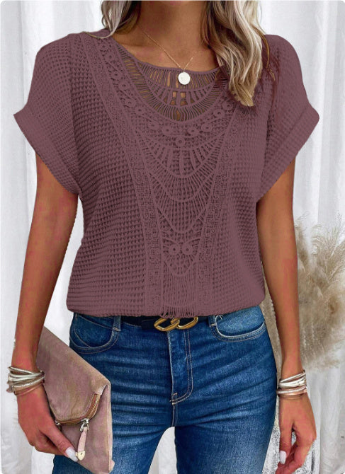 Summer Hollow Out Short-sleeved T-shirt Fashion Ethnic Style Tops Women's Clothing