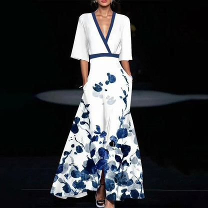 Summer V-neck Split Short-sleeved Dress Fashion Flower Print A-line Long Dresses Party Club Beach Clothing For Women