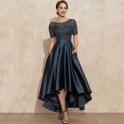 Elegant Lace Party Dress With Short Front And Long Back Design In Navy Blue - Sizes US2-26W
