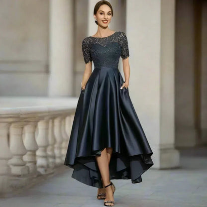 Elegant Lace Party Dress With Short Front And Long Back Design In Navy Blue - Sizes US2-26W