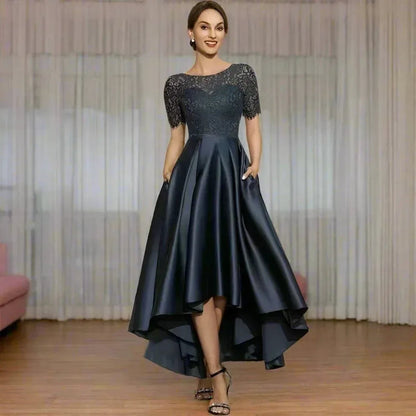 Elegant Lace Party Dress With Short Front And Long Back Design In Navy Blue - Sizes US2-26W
