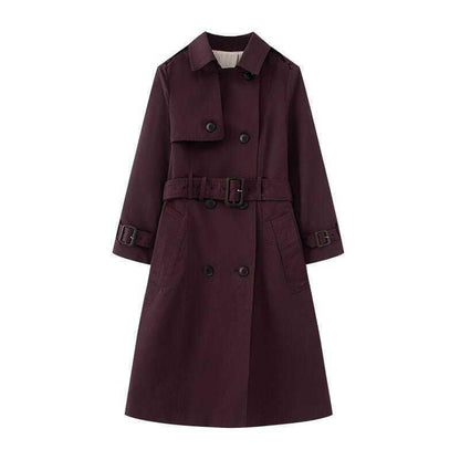 Elegant Trench Coat for Women - Belted, Long Sleeve, Solid Color, Available in Dark Red and Deep Khaki