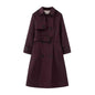 Elegant Trench Coat for Women - Belted, Long Sleeve, Solid Color, Available in Dark Red and Deep Khaki