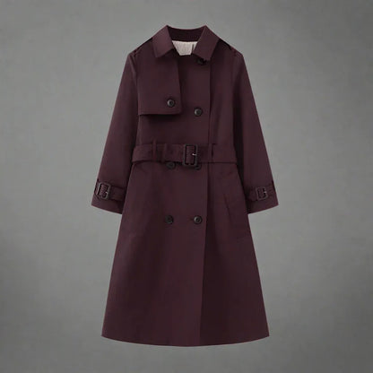 Elegant Trench Coat for Women - Belted, Long Sleeve, Solid Color, Available in Dark Red and Deep Khaki