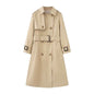 Elegant Trench Coat for Women - Belted, Long Sleeve, Solid Color, Available in Dark Red and Deep Khaki