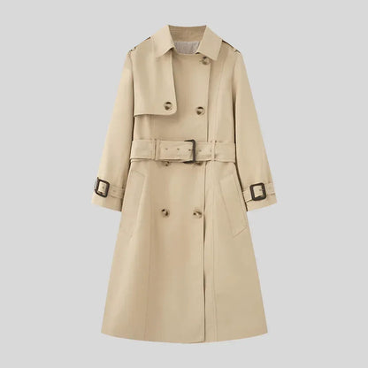Elegant Trench Coat for Women - Belted, Long Sleeve, Solid Color, Available in Dark Red and Deep Khaki