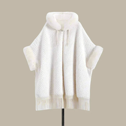Elegant White Buckle Hooded Hanfu Shawl Cloak with Twill Rabbit Fur and Tassel Details