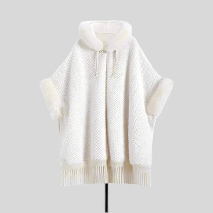 Elegant White Buckle Hooded Hanfu Shawl Cloak with Twill Rabbit Fur and Tassel Details