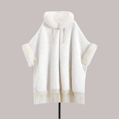 Elegant White Buckle Hooded Hanfu Shawl Cloak with Twill Rabbit Fur and Tassel Details
