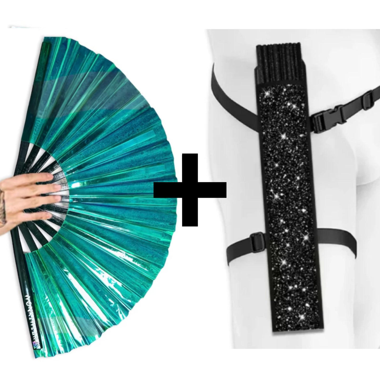 Green Emerald Ecstasy Iridescent Festival Fan (XL Rave Fan UK)