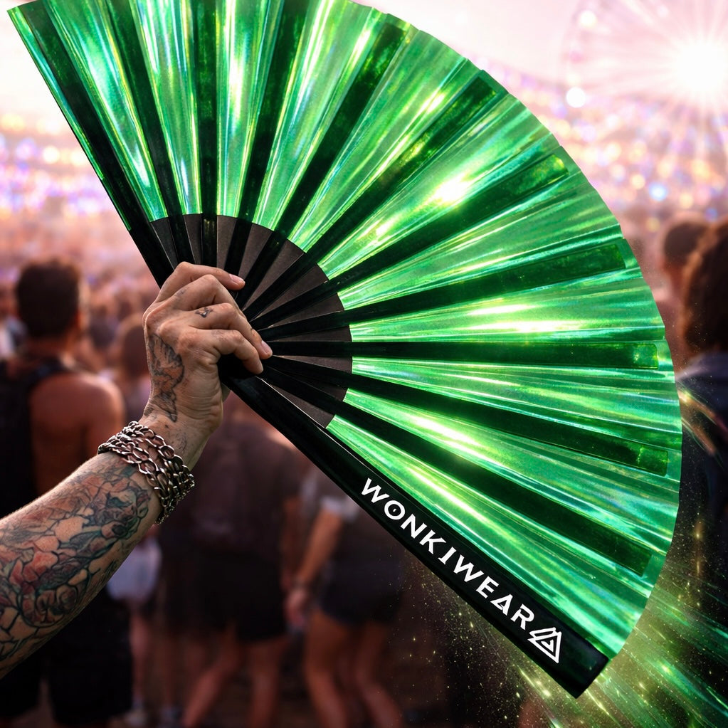 Green Emerald Ecstasy Iridescent Festival Fan (XL Rave Fan UK)