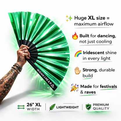 Green Emerald Ecstasy Iridescent Festival Fan (XL Rave Fan UK)