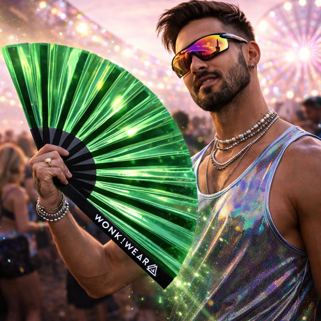 Green Emerald Ecstasy Iridescent Festival Fan (XL Rave Fan UK)