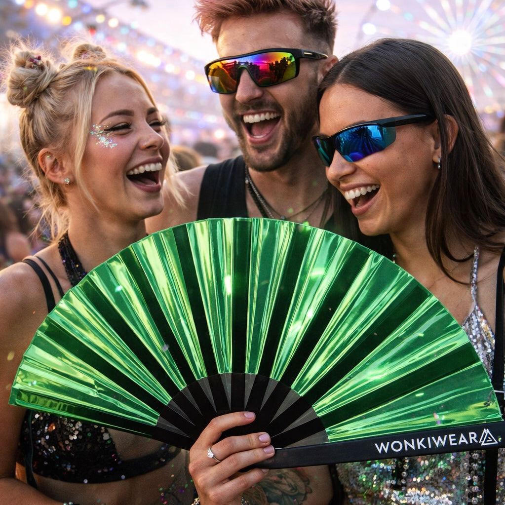 Green Emerald Ecstasy Iridescent Festival Fan (XL Rave Fan UK)