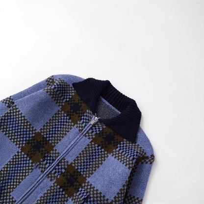 New Stylish And Versatile Plaid Zip-up Knit Sweater