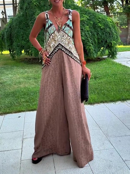 Ethnic Print Paneled Sleeveless Wide-Leg Jumpsuit