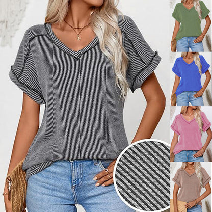 Fashionable Two-tone Twisty Stretch Short-sleeve V-neck Top Women's T-shirt
