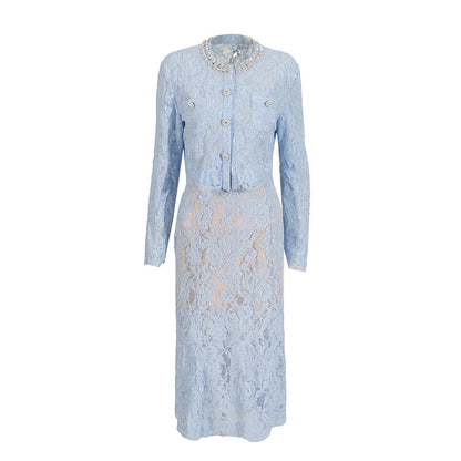 Round Neck Diamond Lace Embroidered Top High Waist Skirt Suit