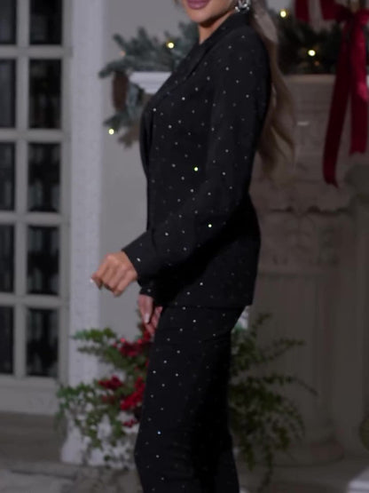 Black Shiny Rhinestone Blazer Pants Suit
