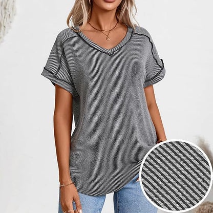 Fashionable Two-tone Twisty Stretch Short-sleeve V-neck Top Women's T-shirt