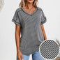 Fashionable Two-tone Twisty Stretch Short-sleeve V-neck Top Women's T-shirt
