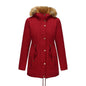 Hooded Women's Mid-length Padded Coat With Fur Collar And Defined Waist