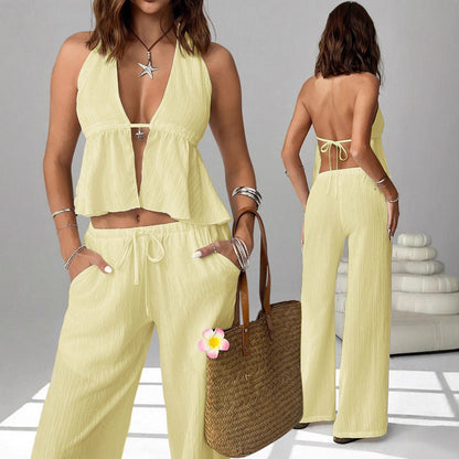 Halterneck Strap Sexy Backless Sleeveless Tank Top And Slim-fit Set