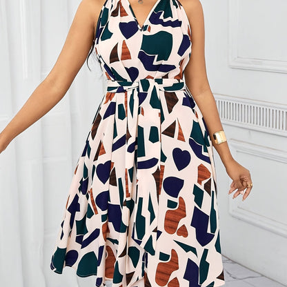 Elegant Geometric Print V-Neck Sleeveless Dress for Women