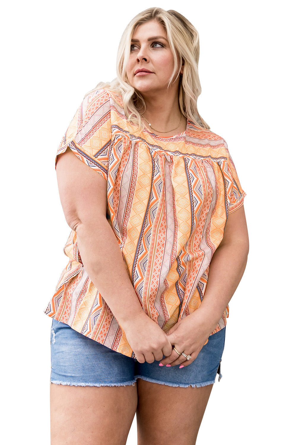 Multicolor Tribal Geometric Print Plus Size Short Sleeve Top