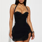 French-style Lace Side-slit Dress With Neck Tie For Women