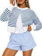 Buttoned Long-sleeve Crew-neck Solid-color Cropped Knit Sweater